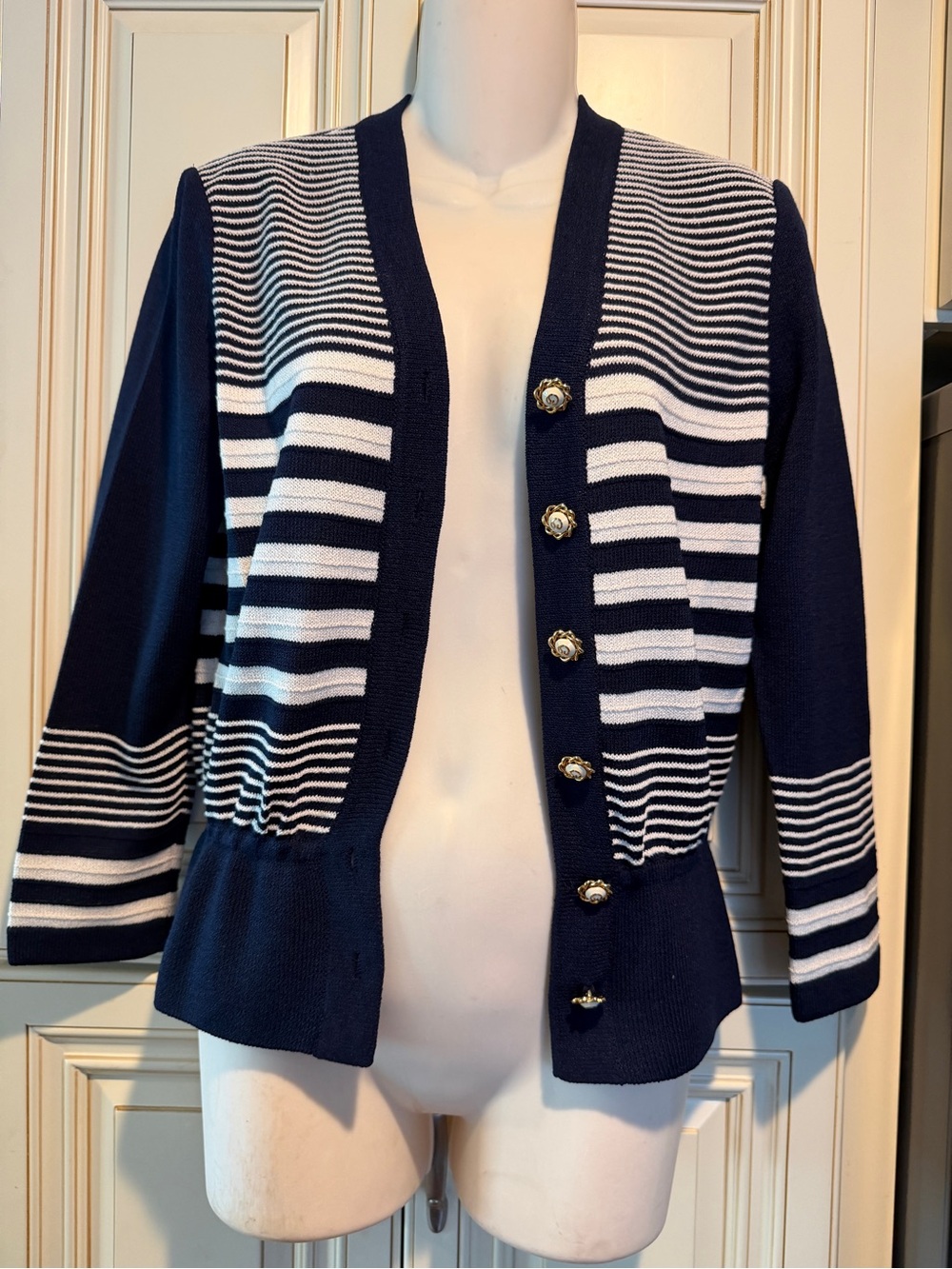 St. John Navy and White Striped Button-Front Cardigan